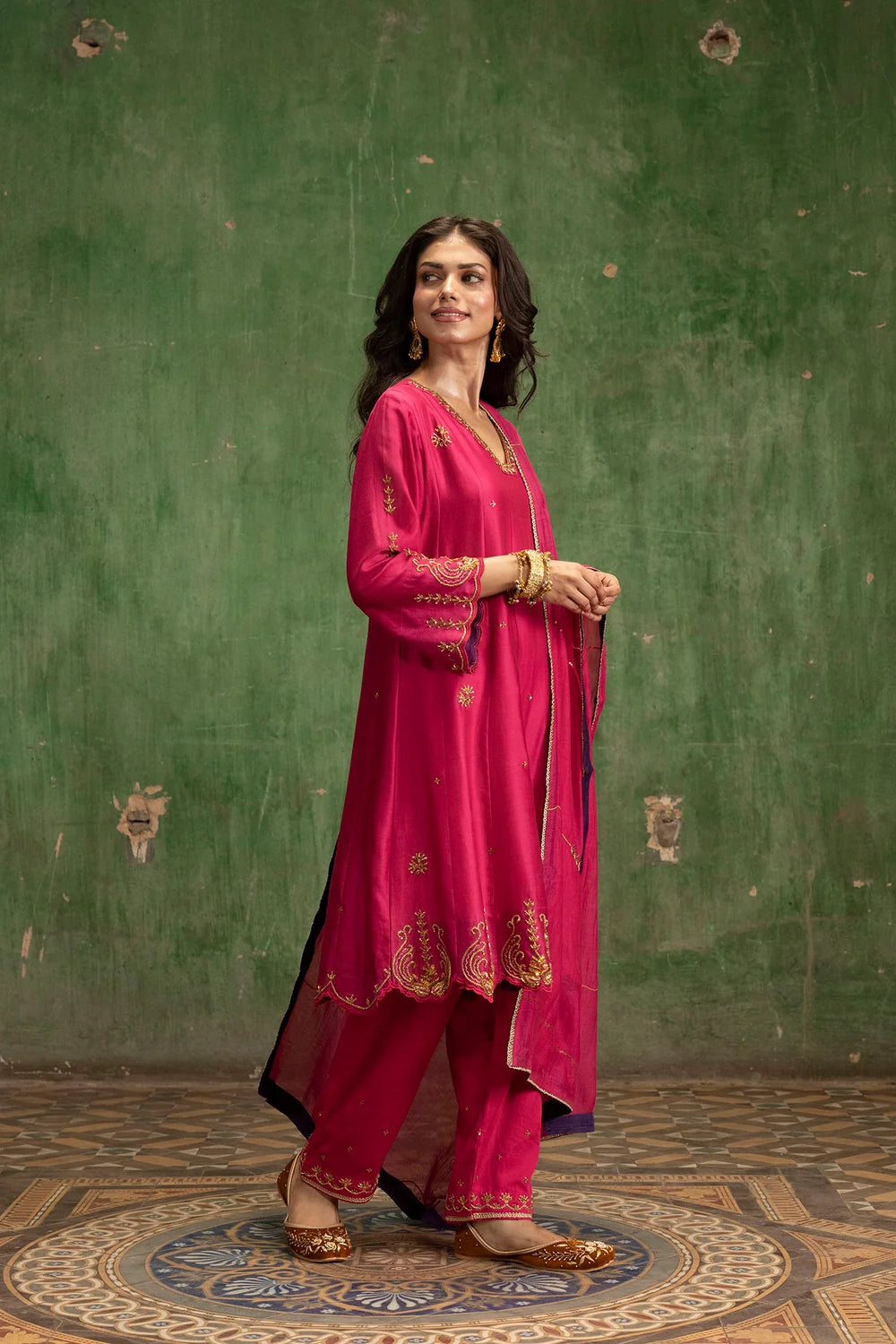 Piroi Silk Chanderi Anarkali Set in Rani
