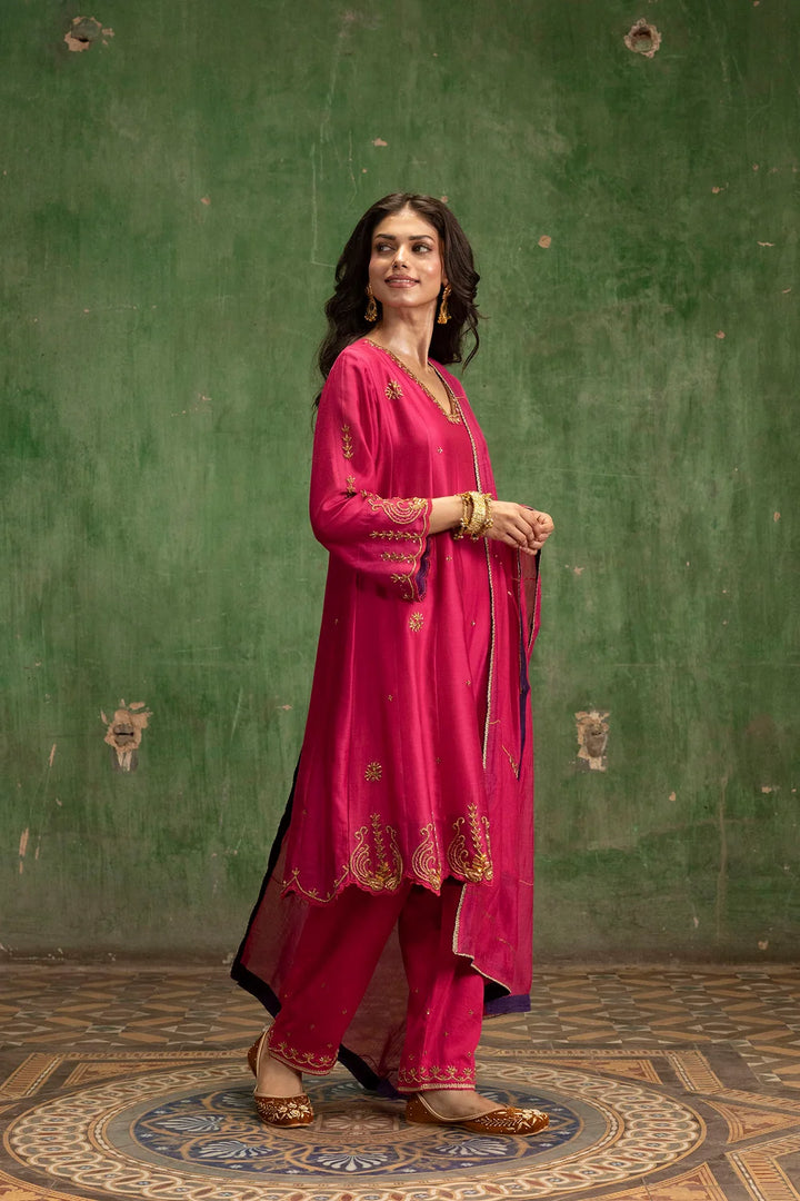 Piroi Silk Chanderi Anarkali Set in Rani
