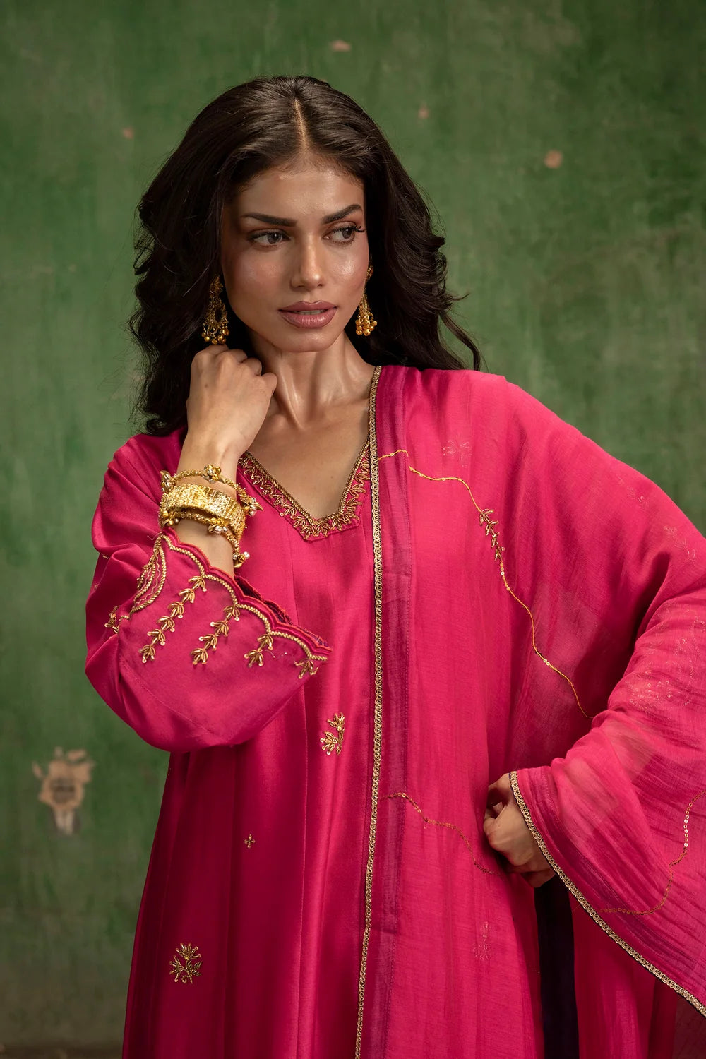 Piroi Silk Chanderi Anarkali Set in Rani