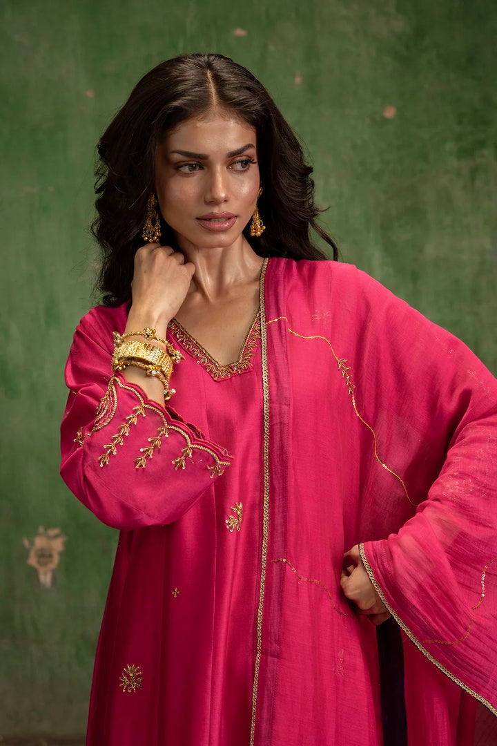 Piroi Silk Chanderi Anarkali Set in Rani