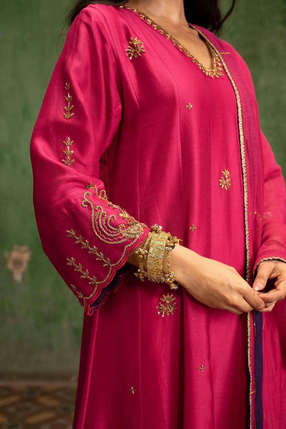 Piroi Silk Chanderi Anarkali Set in Rani