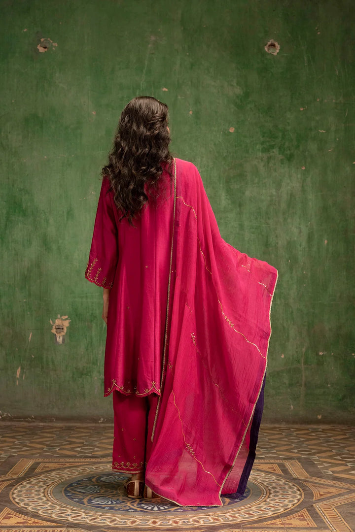 Piroi Silk Chanderi Anarkali Set in Rani