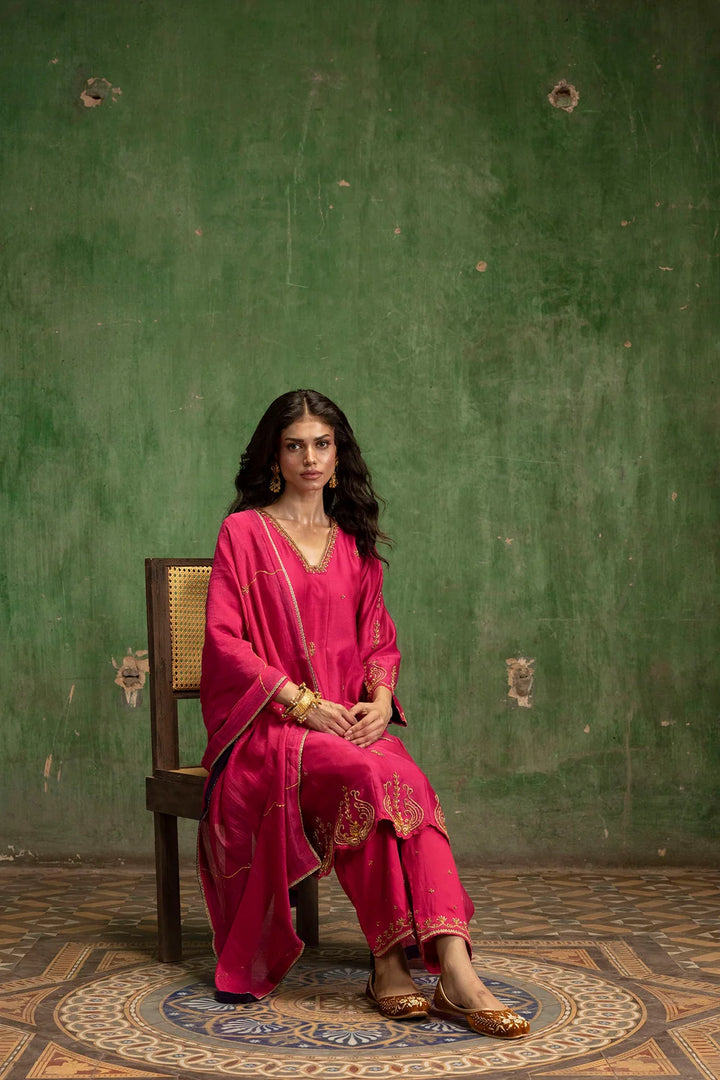 Piroi Silk Chanderi Anarkali Set in Rani