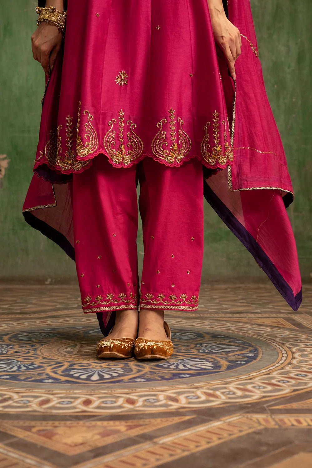 Piroi Silk Chanderi Anarkali Set in Rani