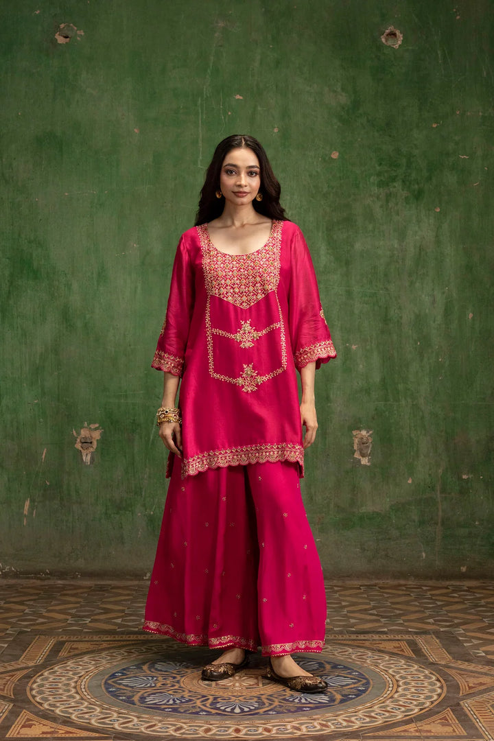 Mahiya Raw Silk Sharara Set in Rani