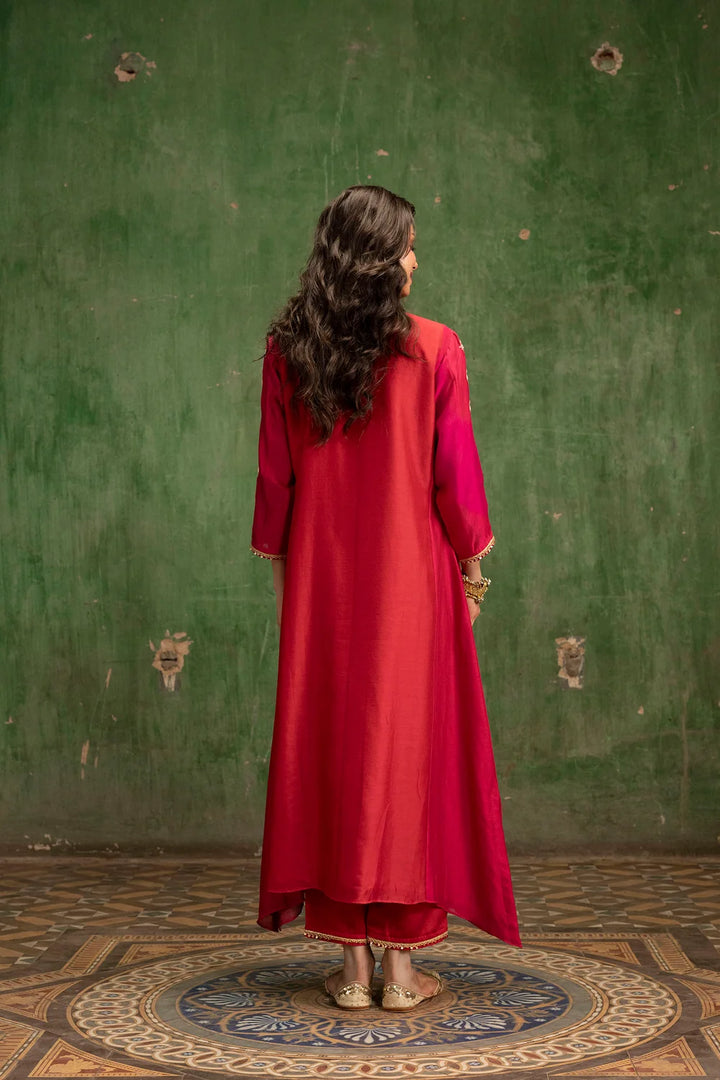 Guldaasta Silk Chanderi Aline Kurta Set in Surkh
