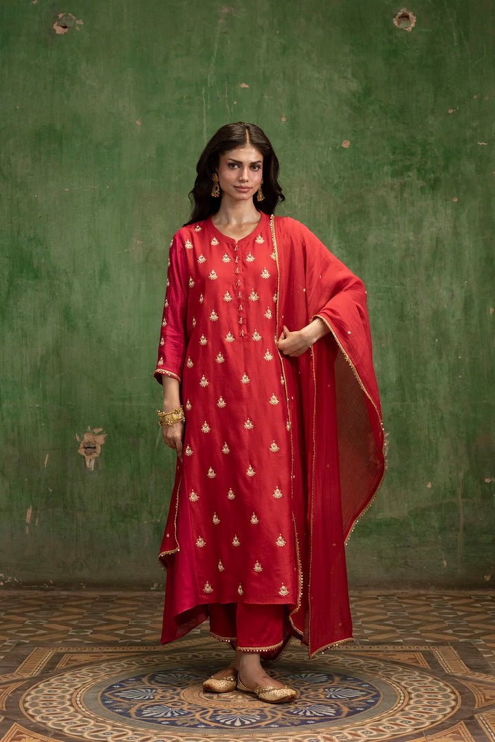 Guldaasta Silk Chanderi Aline Kurta Set in Surkh