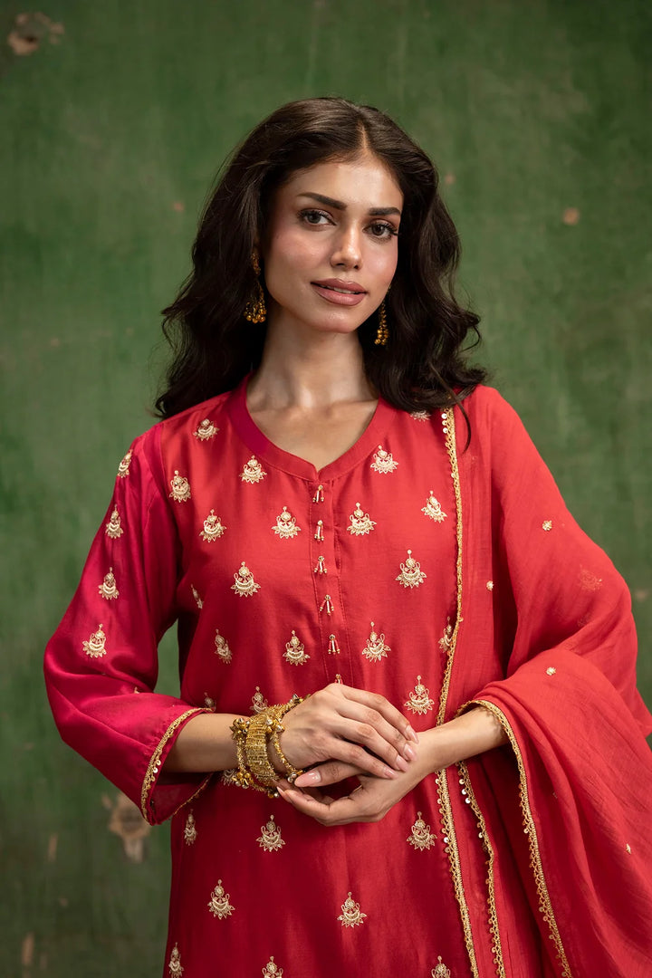 Guldaasta Silk Chanderi Aline Kurta Set in Surkh