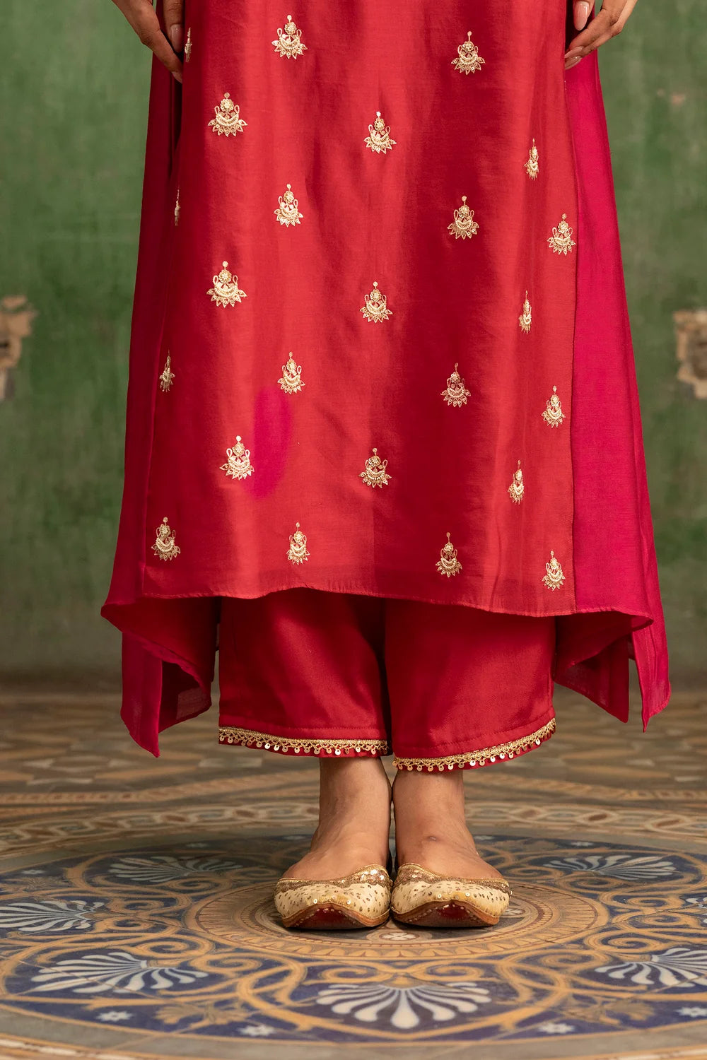 Guldaasta Silk Chanderi Aline Kurta Set in Surkh