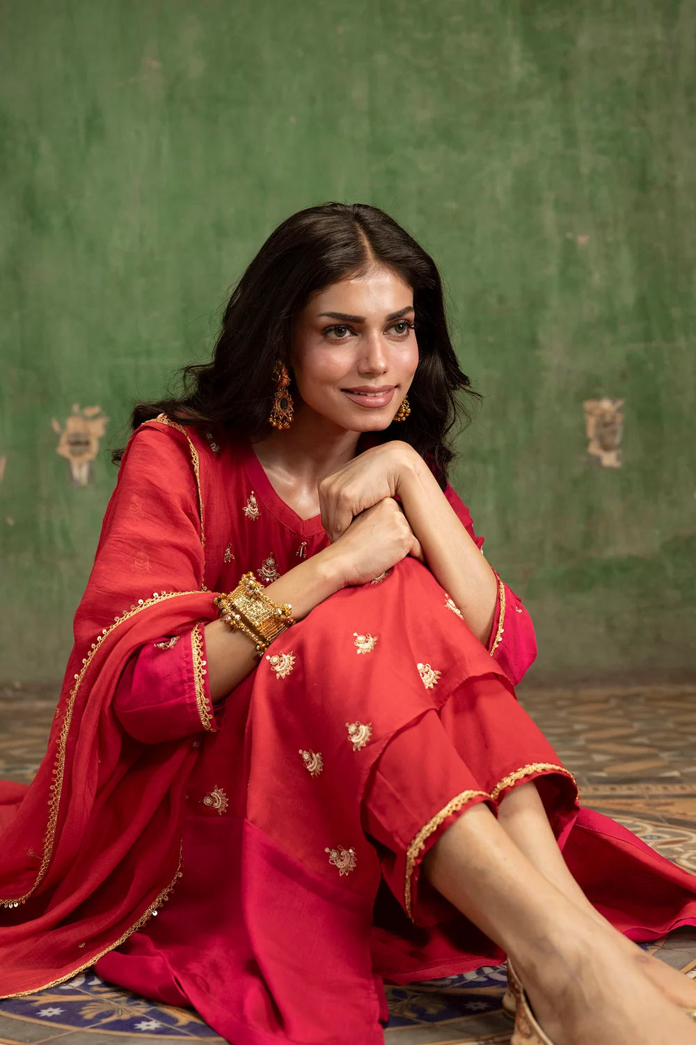 Guldaasta Silk Chanderi Aline Kurta Set in Surkh