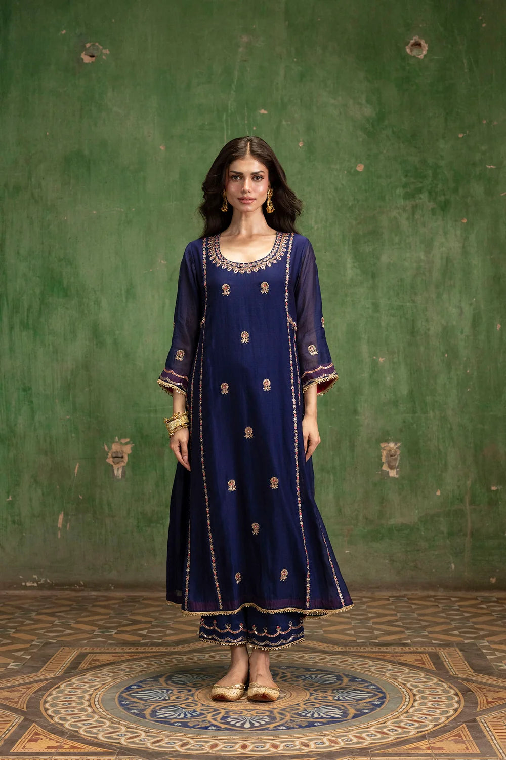 Aaliyah Silk Chanderi Aline Kurta Set in Midnight Blue