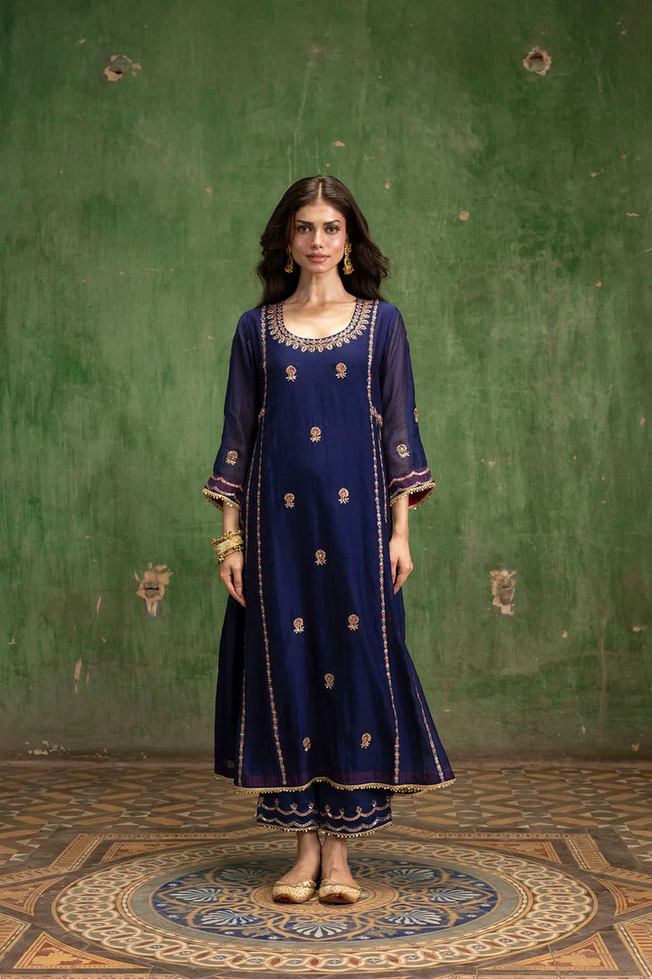 Aaliyah Silk Chanderi Aline Kurta Set in Midnight Blue