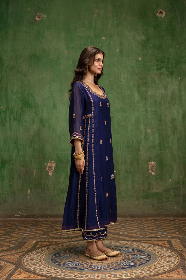 Aaliyah Silk Chanderi Aline Kurta Set in Midnight Blue