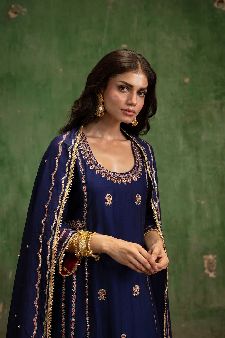 Aaliyah Silk Chanderi Aline Kurta Set in Midnight Blue
