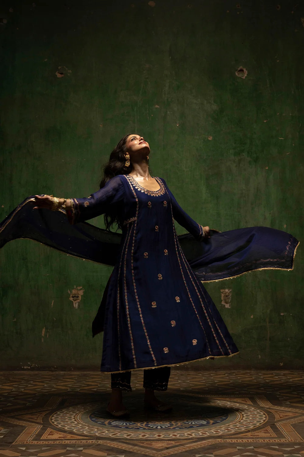 Aaliyah Silk Chanderi Aline Kurta Set in Midnight Blue