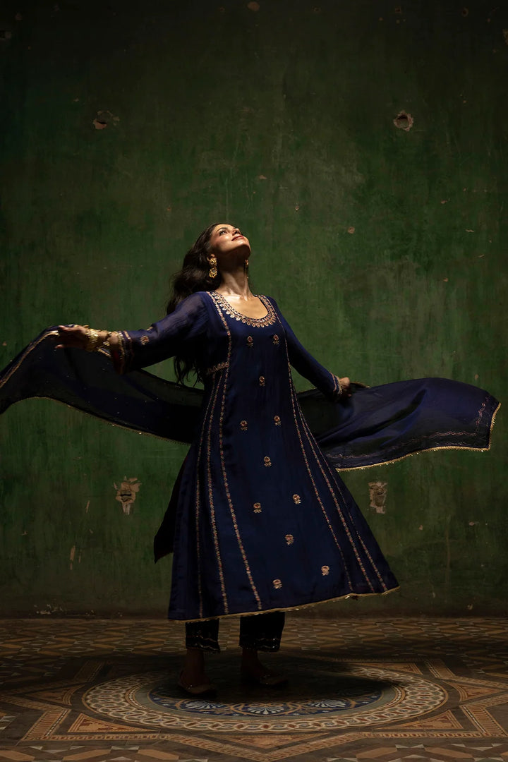 Aaliyah Silk Chanderi Aline Kurta Set in Midnight Blue