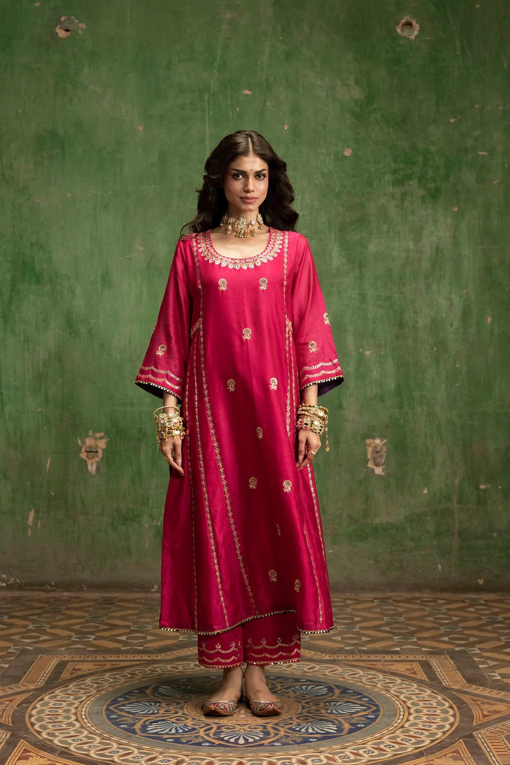 Aaliyah Silk Chanderi Aline Kurta Set in Rani