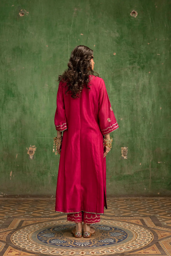 Aaliyah Silk Chanderi Aline Kurta Set in Rani