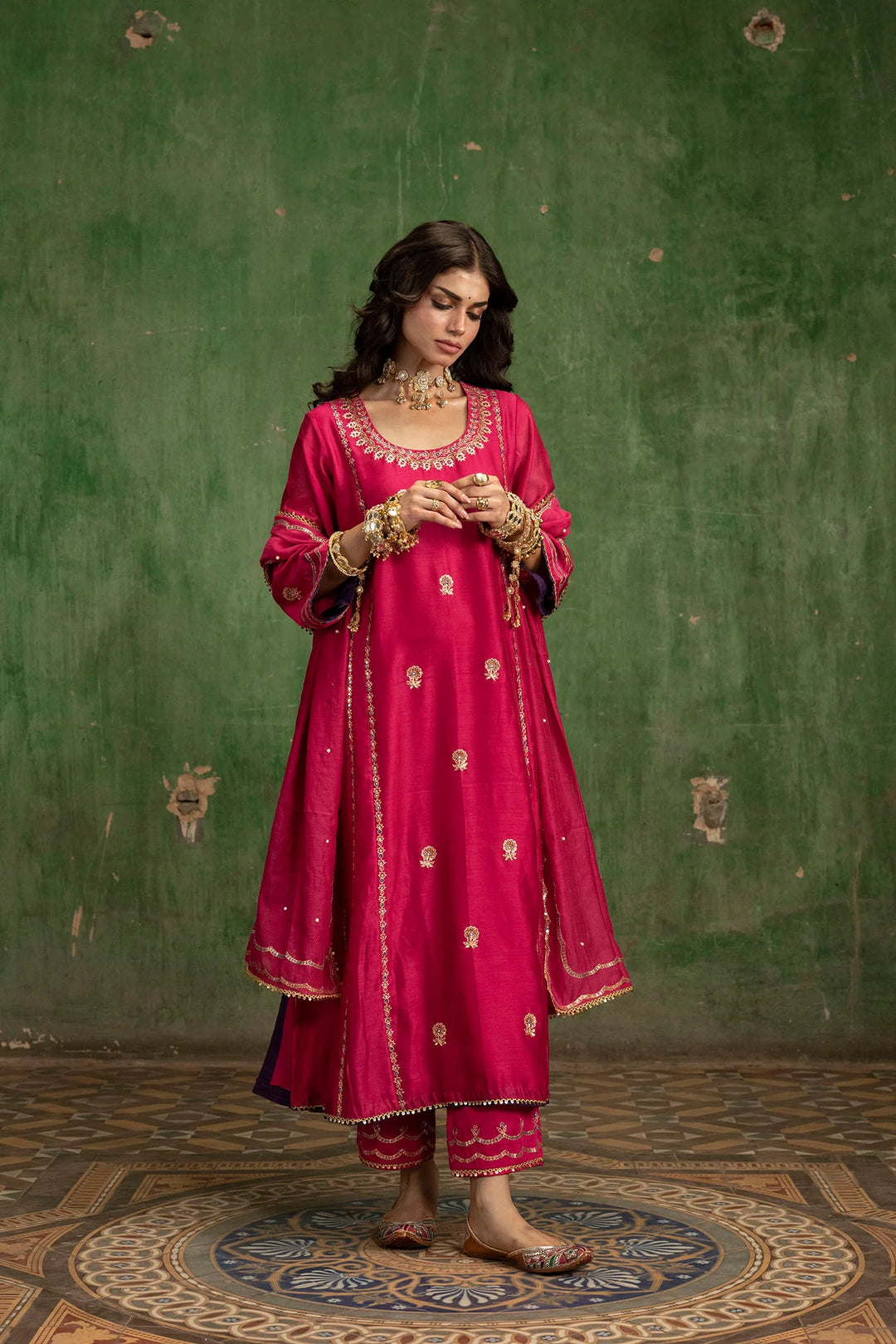 Aaliyah Silk Chanderi Aline Kurta Set in Rani