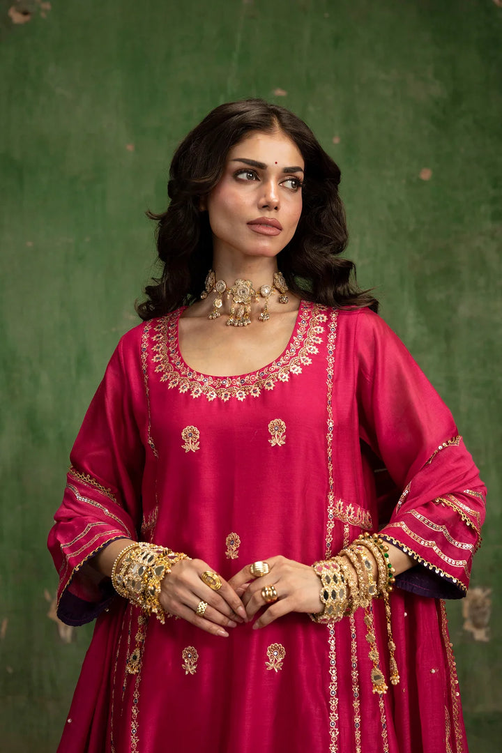 Aaliyah Silk Chanderi Aline Kurta Set in Rani