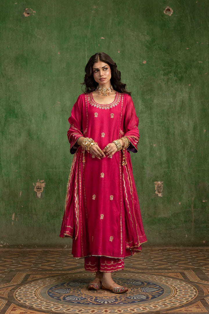 Aaliyah Silk Chanderi Aline Kurta Set in Rani