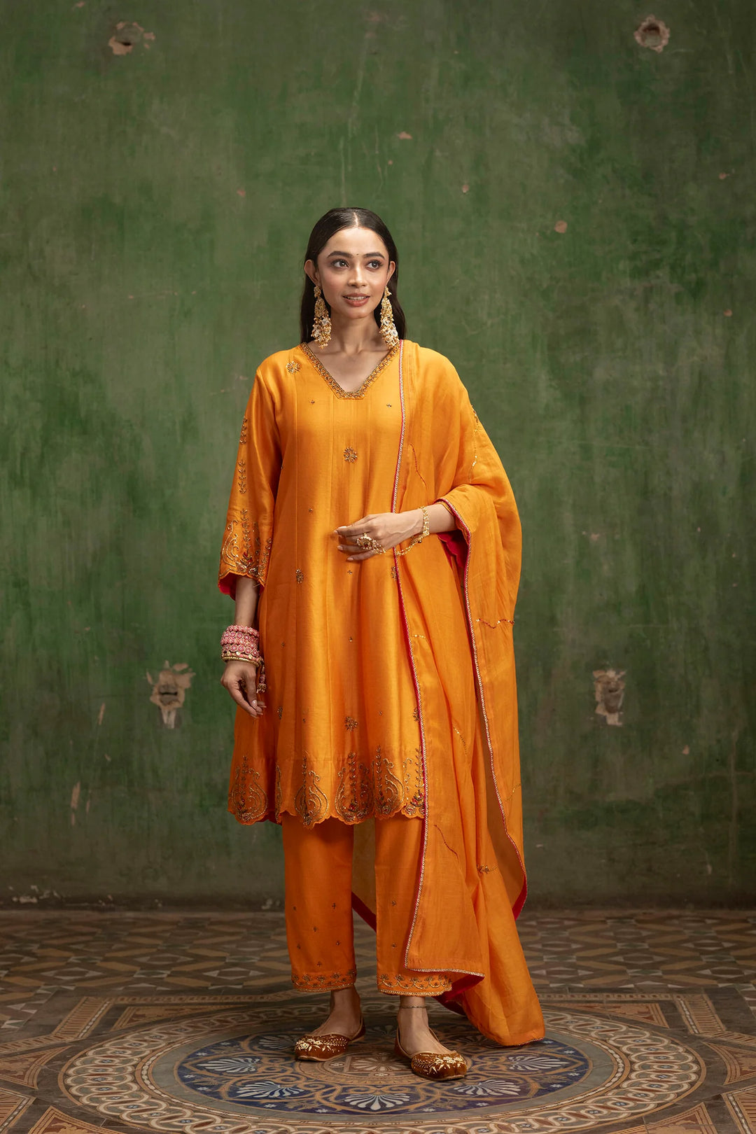 Piroi Silk Chanderi Anarkali Set in Narangi