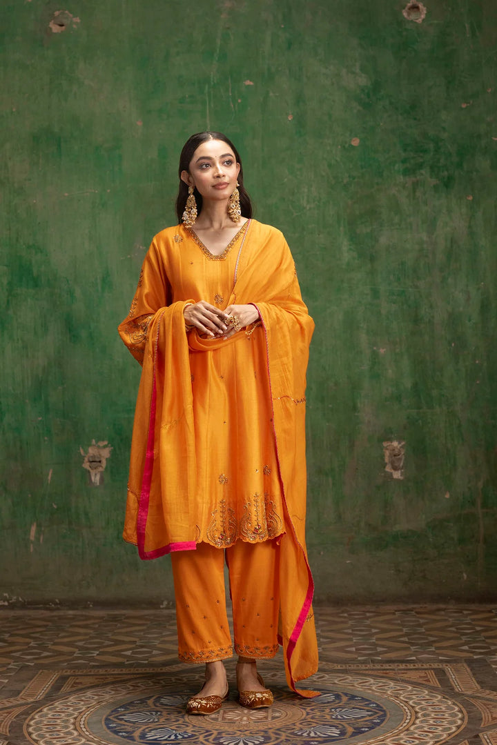 Piroi Silk Chanderi Anarkali Set in Narangi