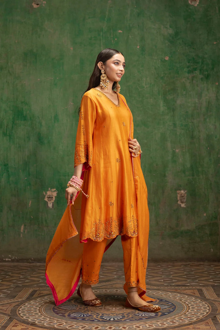 Piroi Silk Chanderi Anarkali Set in Narangi
