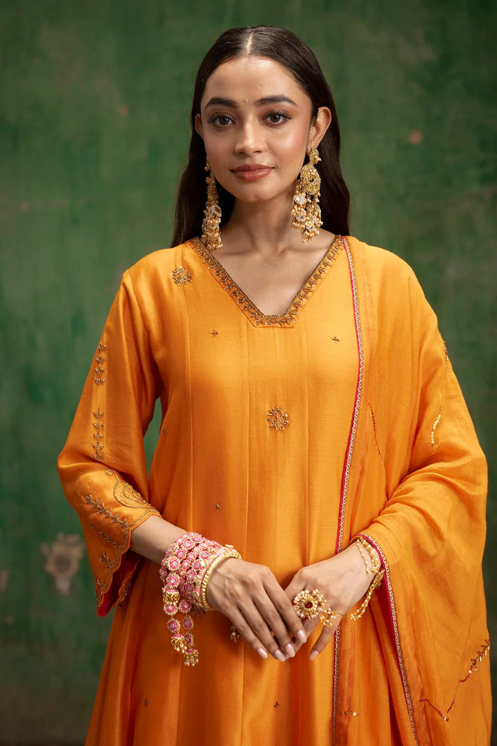 Piroi Silk Chanderi Anarkali Set in Narangi
