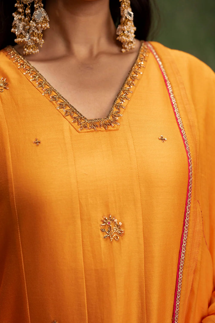 Piroi Silk Chanderi Anarkali Set in Narangi