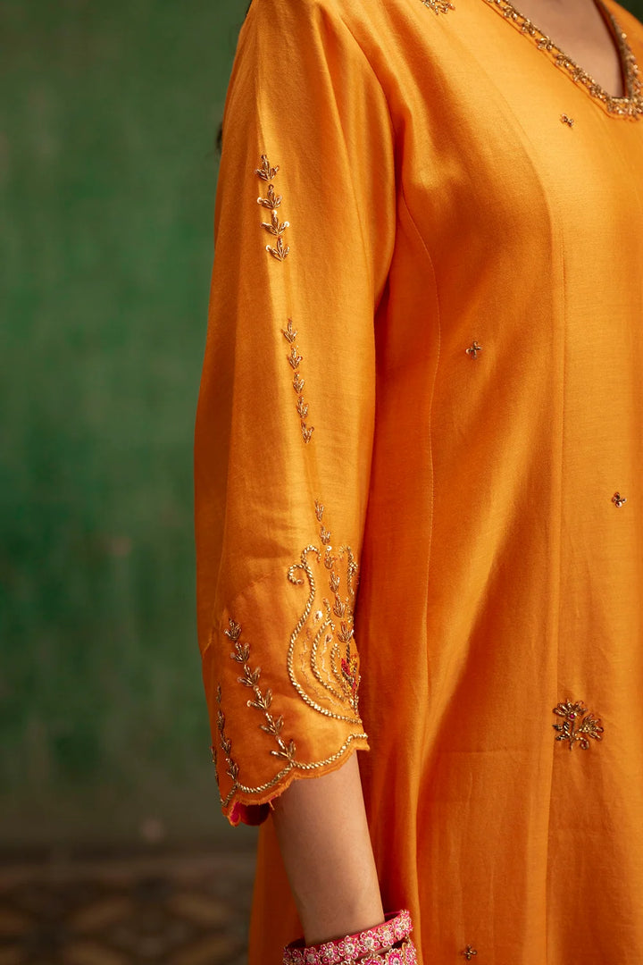 Piroi Silk Chanderi Anarkali Set in Narangi