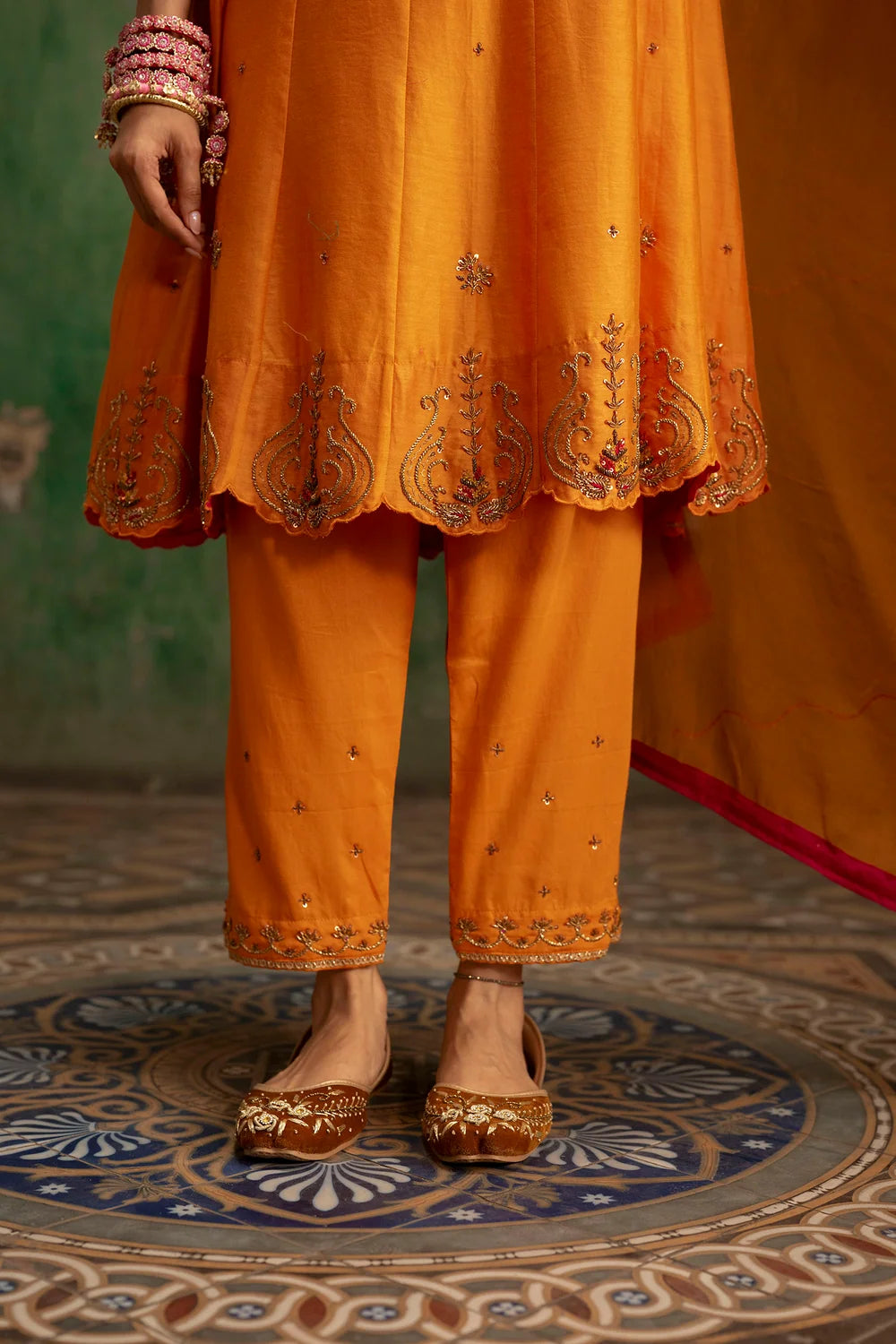 Piroi Silk Chanderi Anarkali Set in Narangi