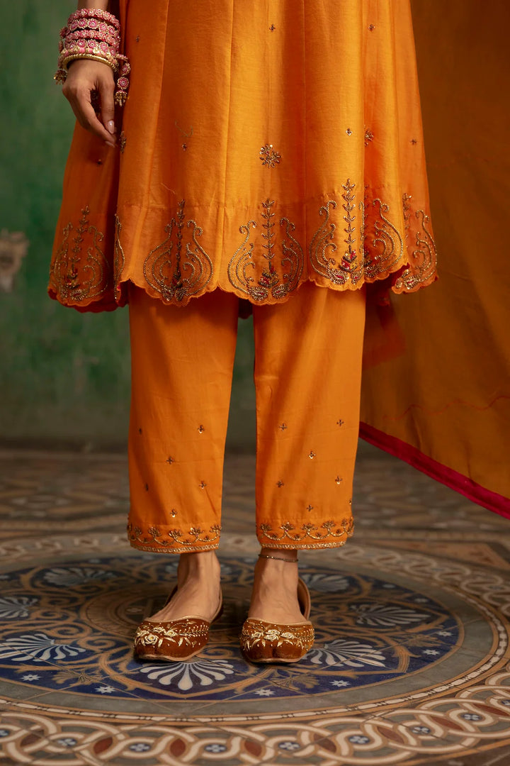 Piroi Silk Chanderi Anarkali Set in Narangi