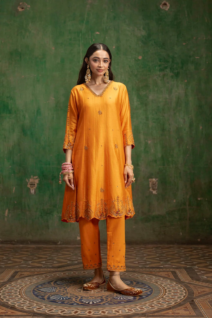 Piroi Silk Chanderi Anarkali Set in Narangi