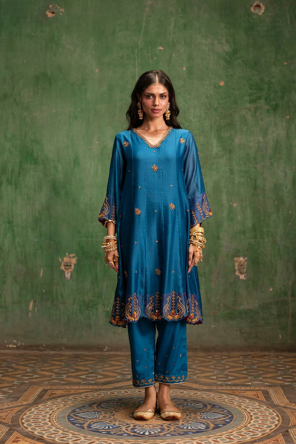 Piroi Silk Chanderi Anarkali Set in Neela