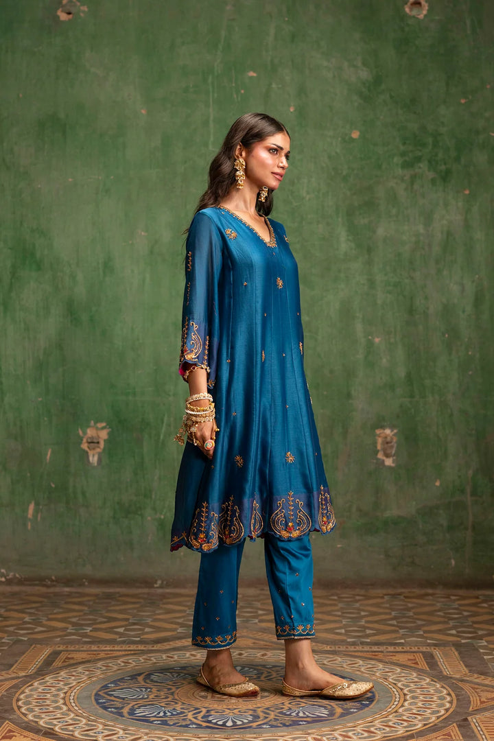 Piroi Silk Chanderi Anarkali Set in Neela