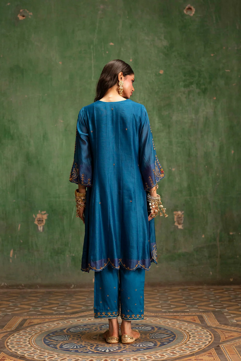 Piroi Silk Chanderi Anarkali Set in Neela