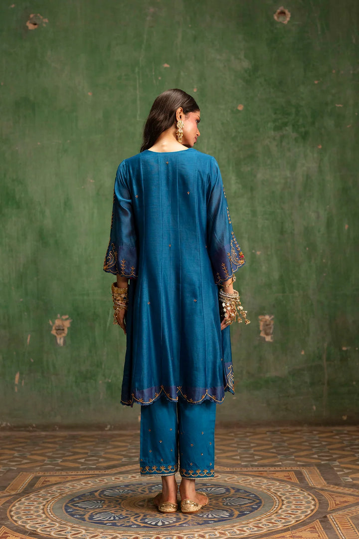 Piroi Silk Chanderi Anarkali Set in Neela
