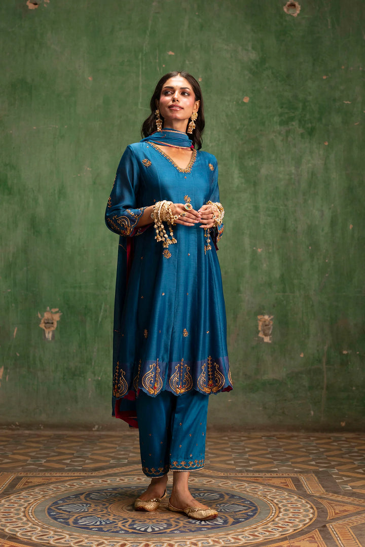 Piroi Silk Chanderi Anarkali Set in Neela