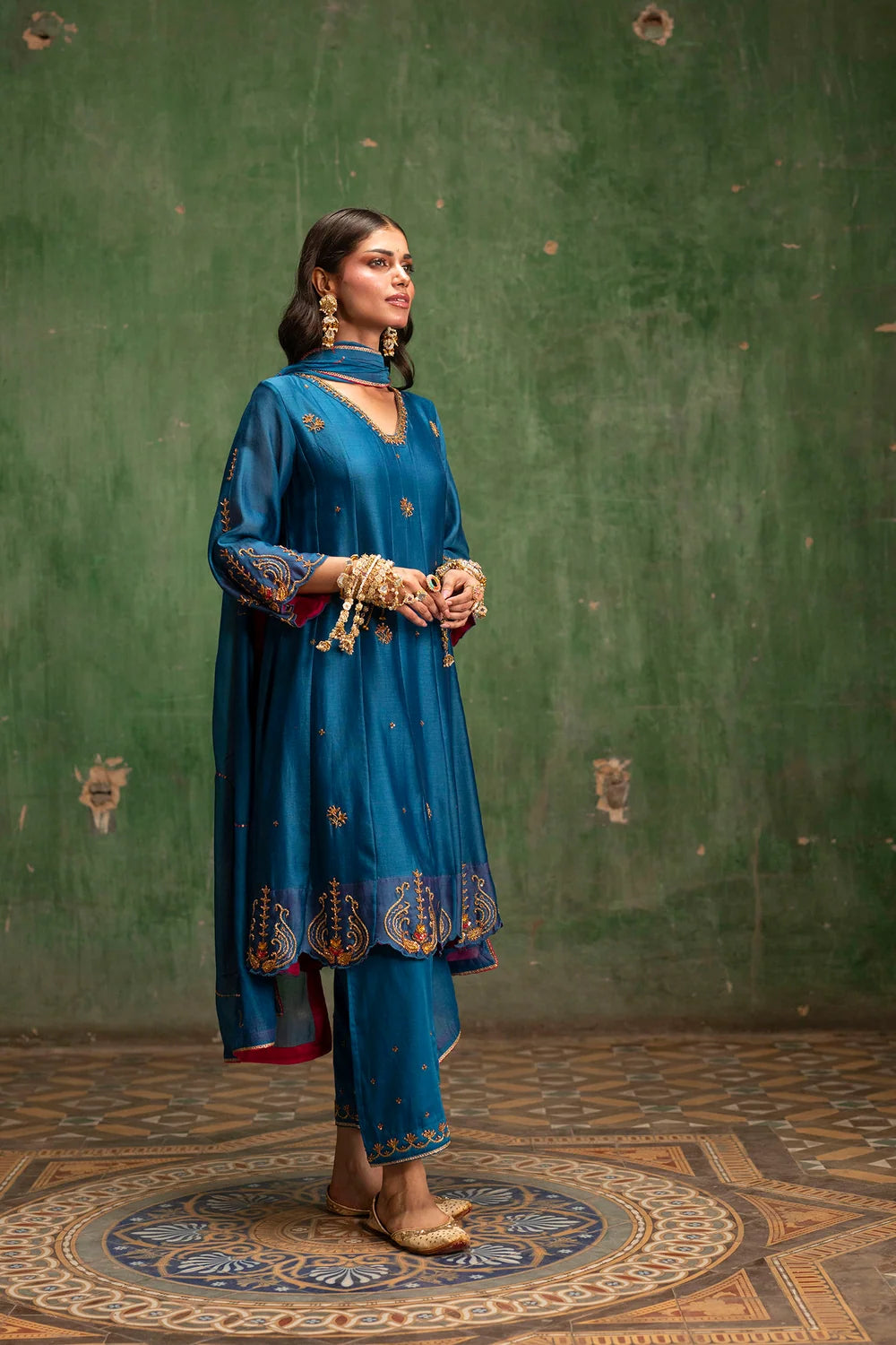 Piroi Silk Chanderi Anarkali Set in Neela