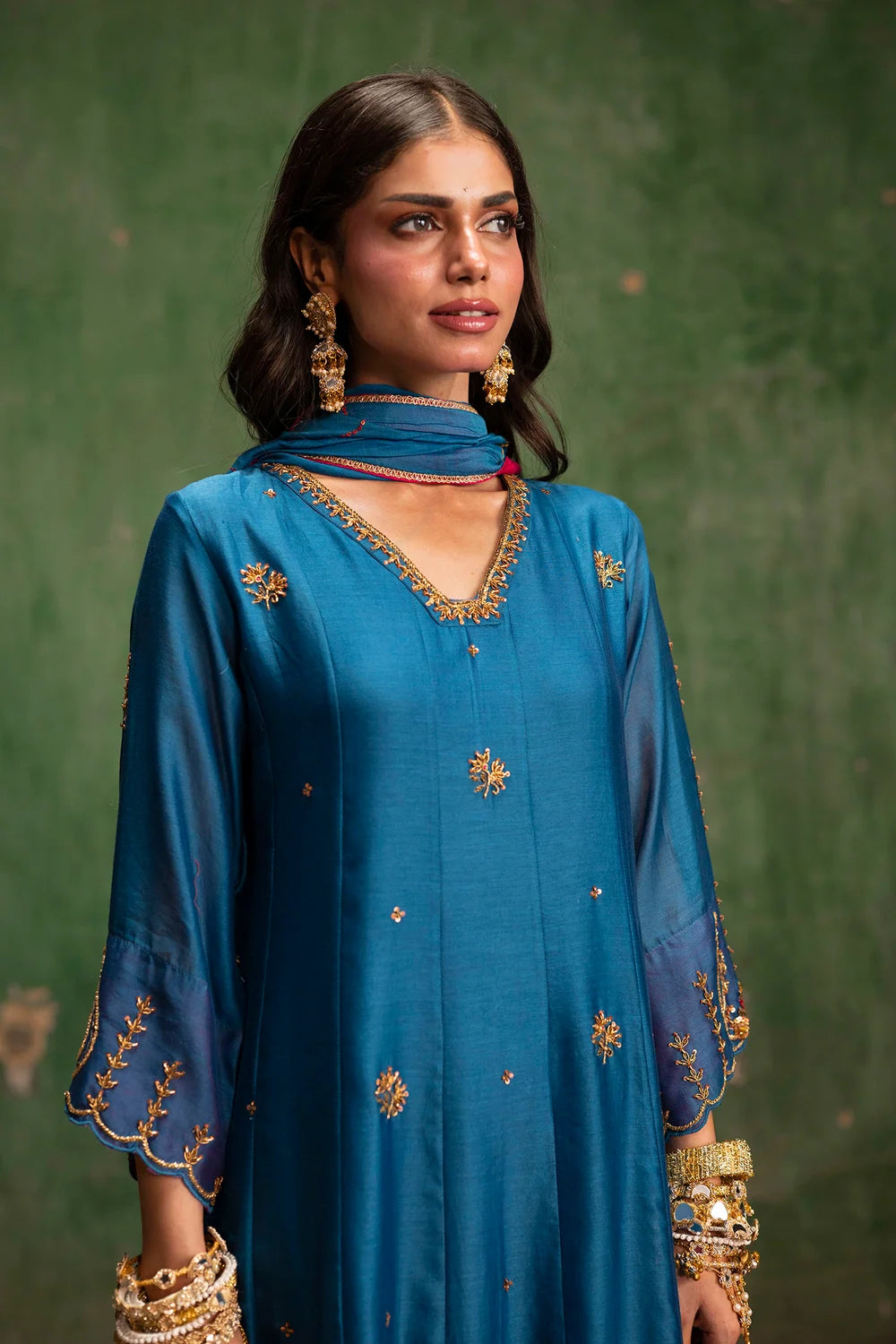 Piroi Silk Chanderi Anarkali Set in Neela
