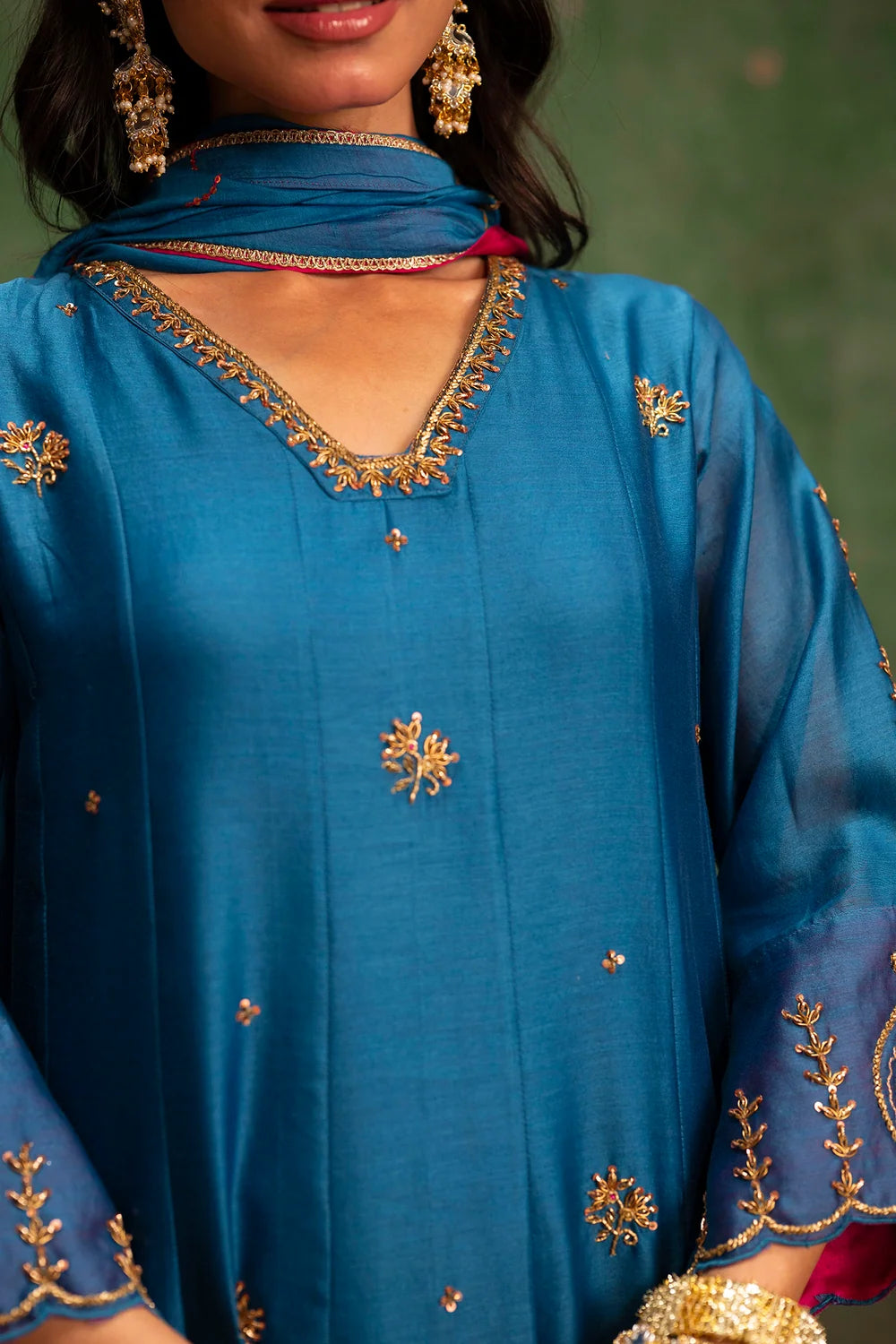 Piroi Silk Chanderi Anarkali Set in Neela