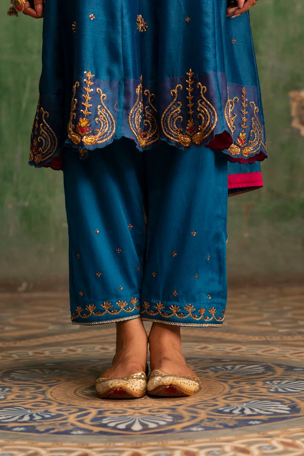 Piroi Silk Chanderi Anarkali Set in Neela