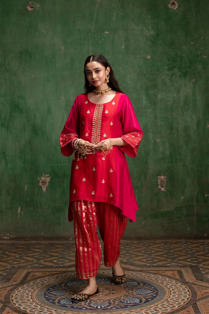 Guldaasta Silk Chanderi Co-ord Set in Red