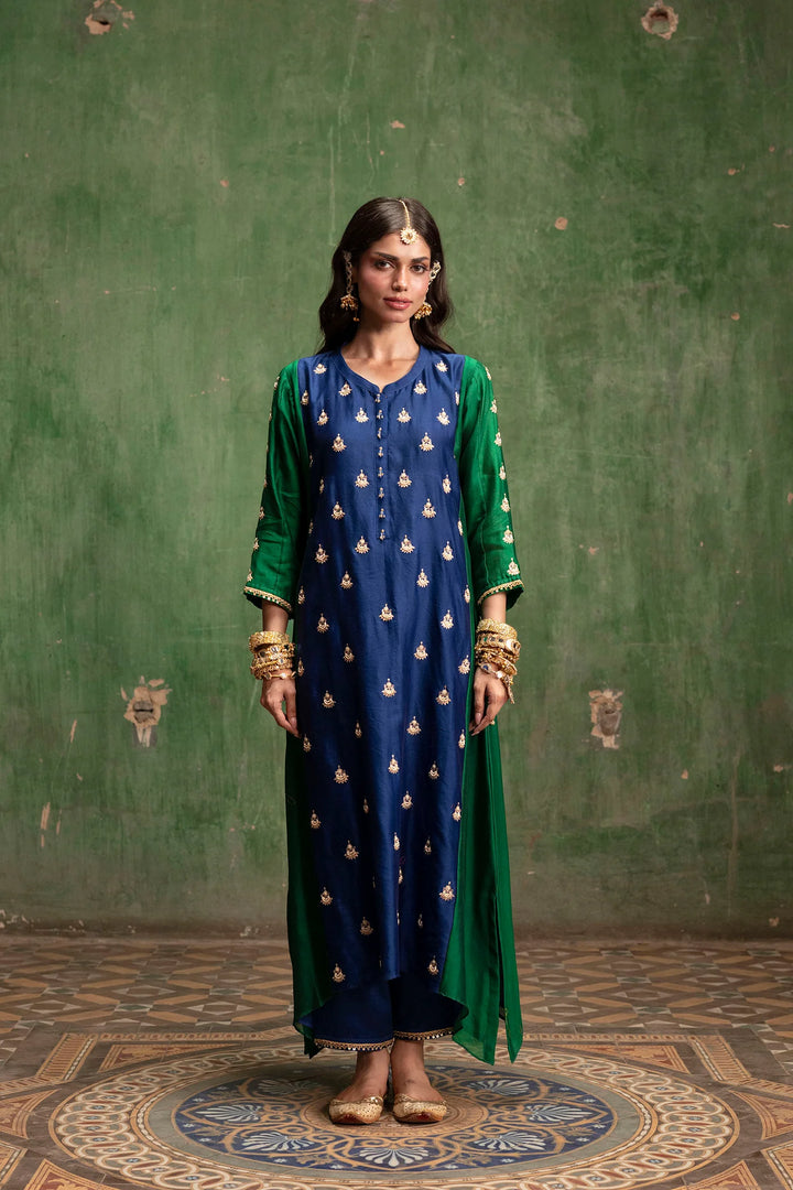 Guldaasta Silk Chanderi Aline Kurta Set in Morpankhi