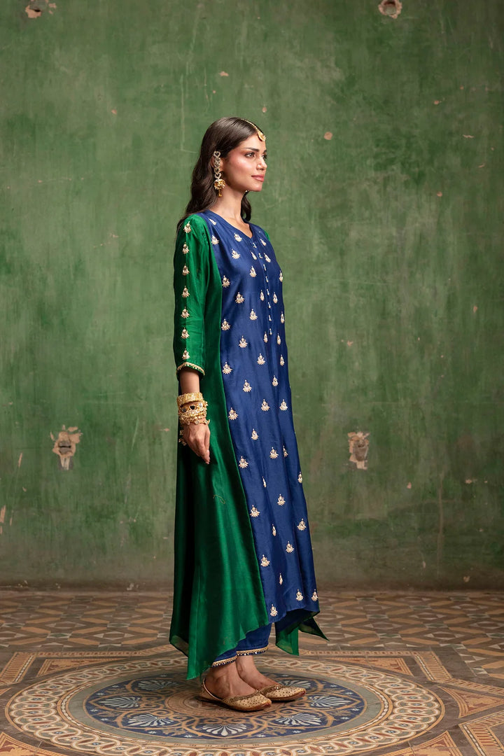 Guldaasta Silk Chanderi Aline Kurta Set in Morpankhi
