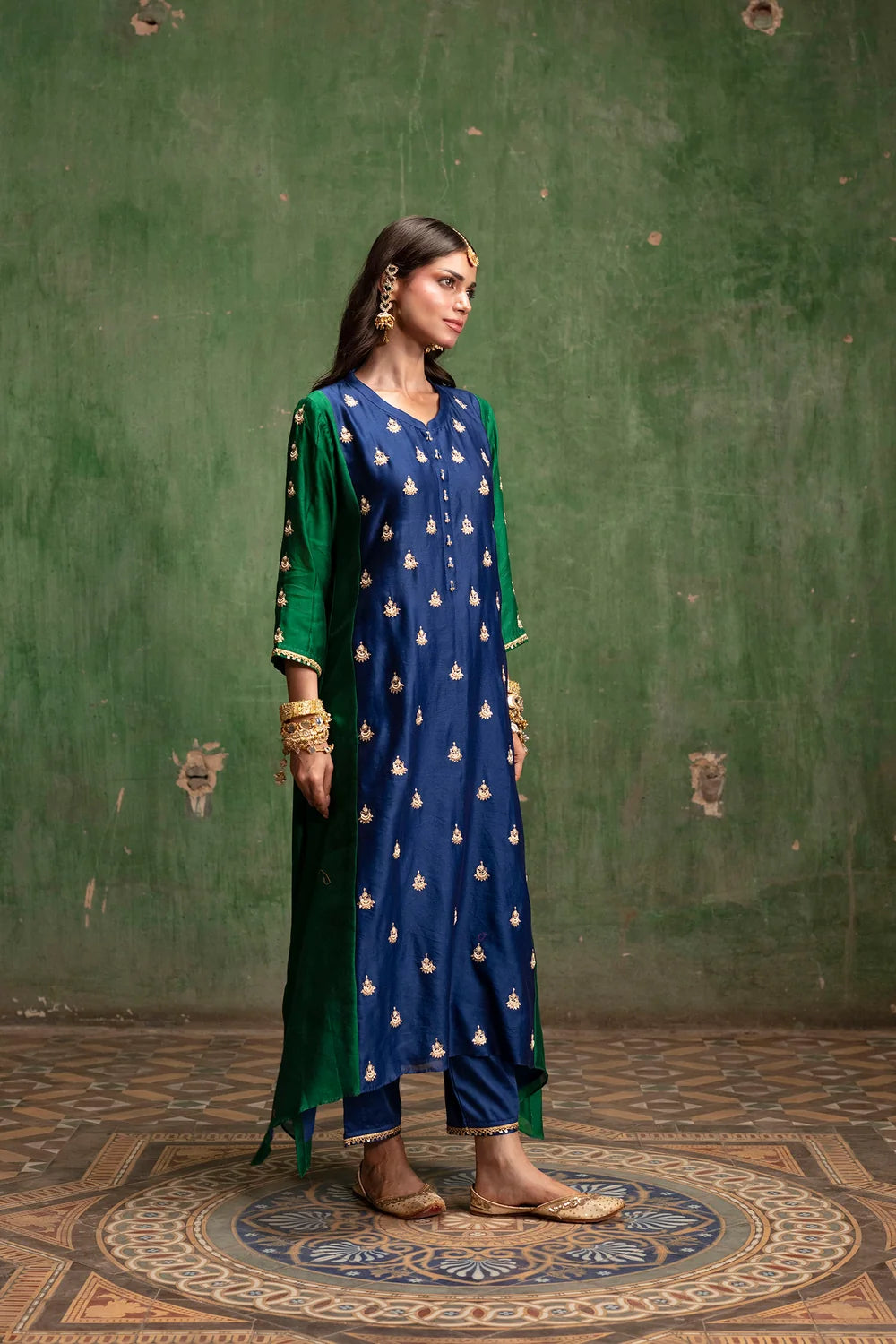 Guldaasta Silk Chanderi Aline Kurta Set in Morpankhi