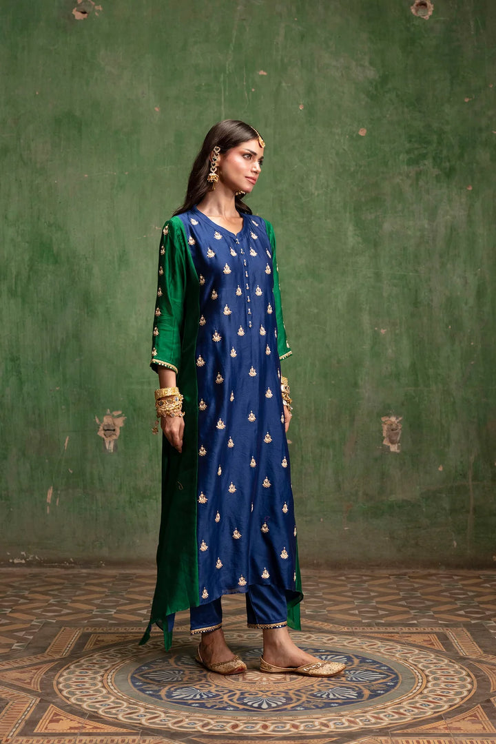 Guldaasta Silk Chanderi Aline Kurta Set in Morpankhi