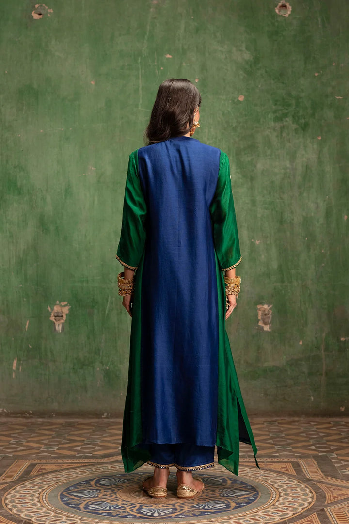 Guldaasta Silk Chanderi Aline Kurta Set in Morpankhi