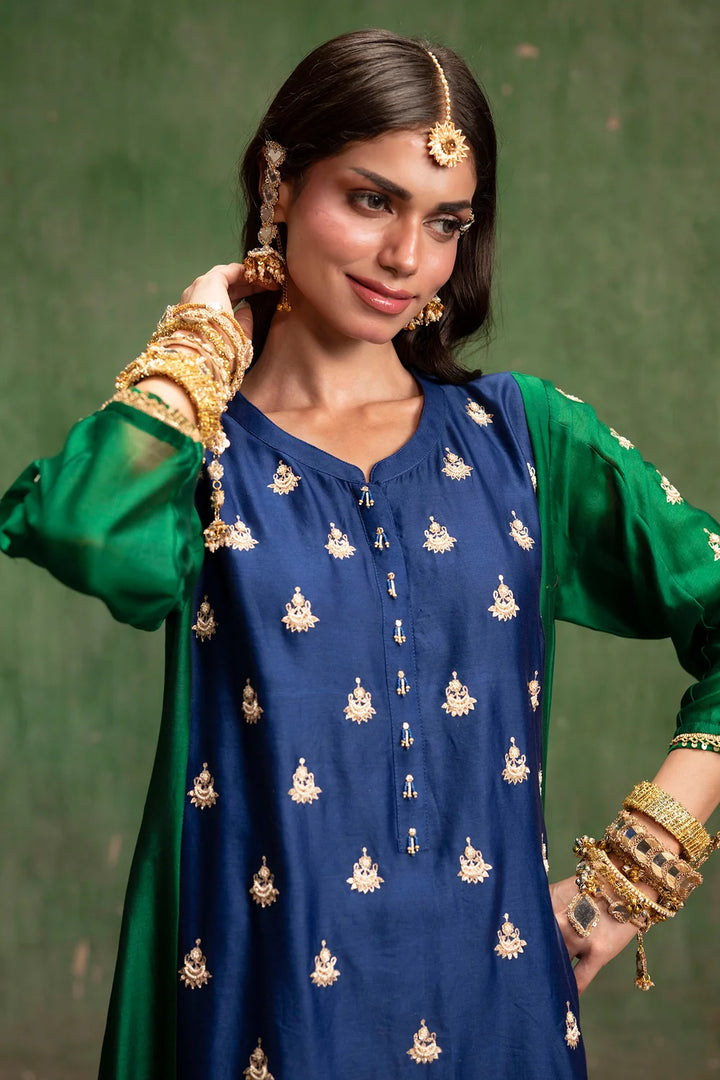 Guldaasta Silk Chanderi Aline Kurta Set in Morpankhi